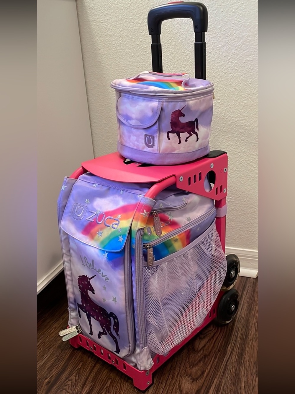 ZUCA Rainbow Unicorn Pink Frame Rolling Tote With Matching Accessory Bag
